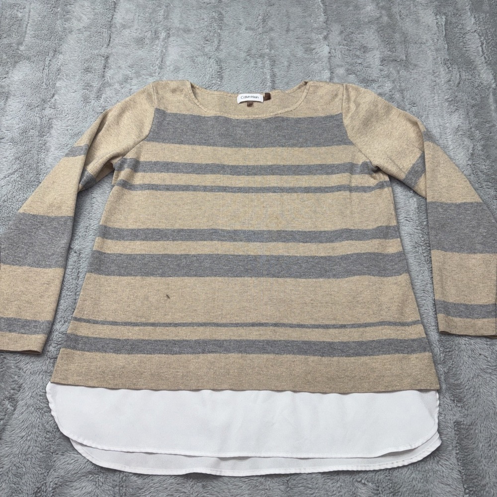 Calvin Klein Layered Knit Pullover Sweater Blue/Brown‎ Stripe Med